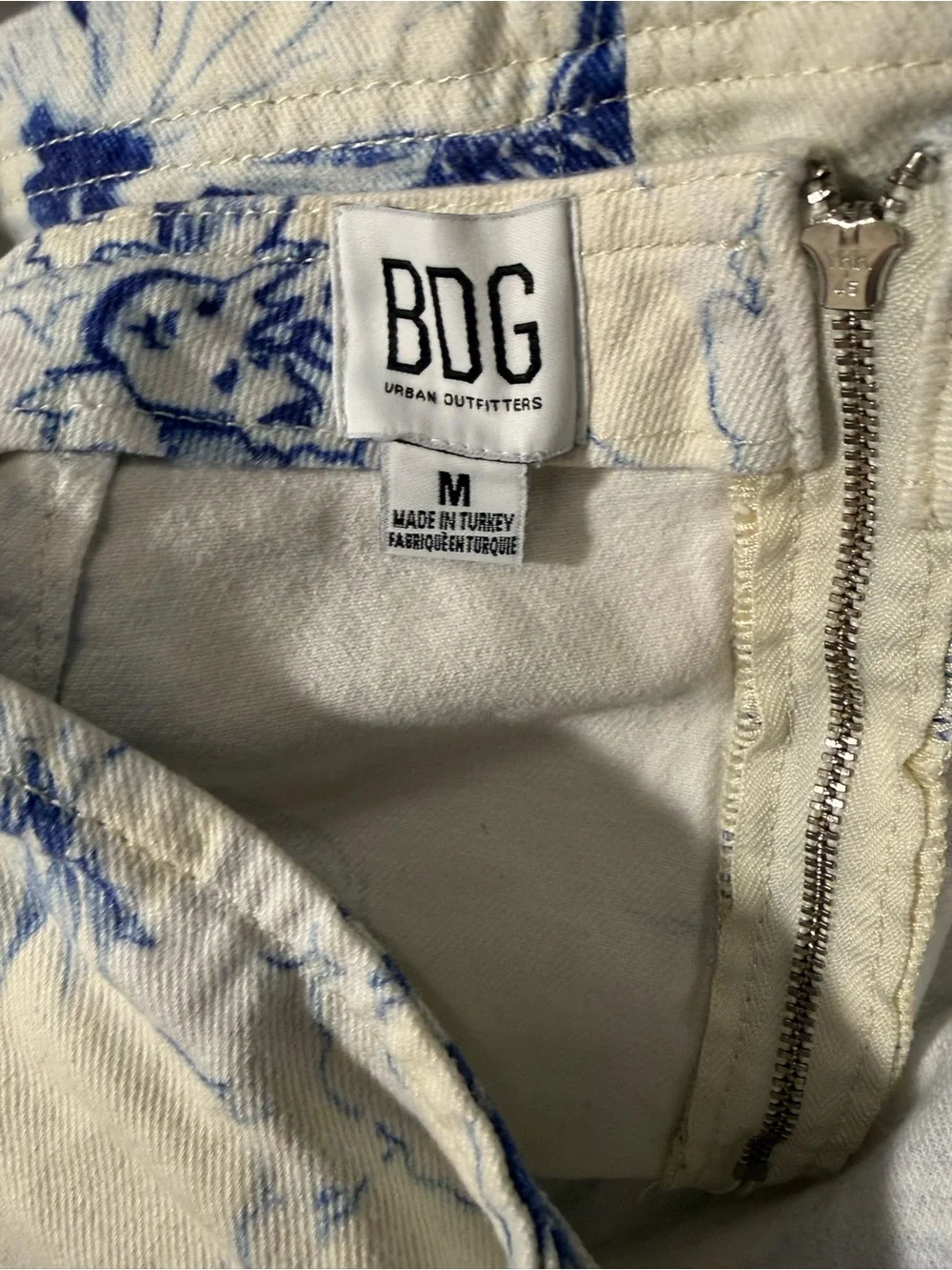 BDG Cream Mini Skirt with Blue Botanical & Cherub Print